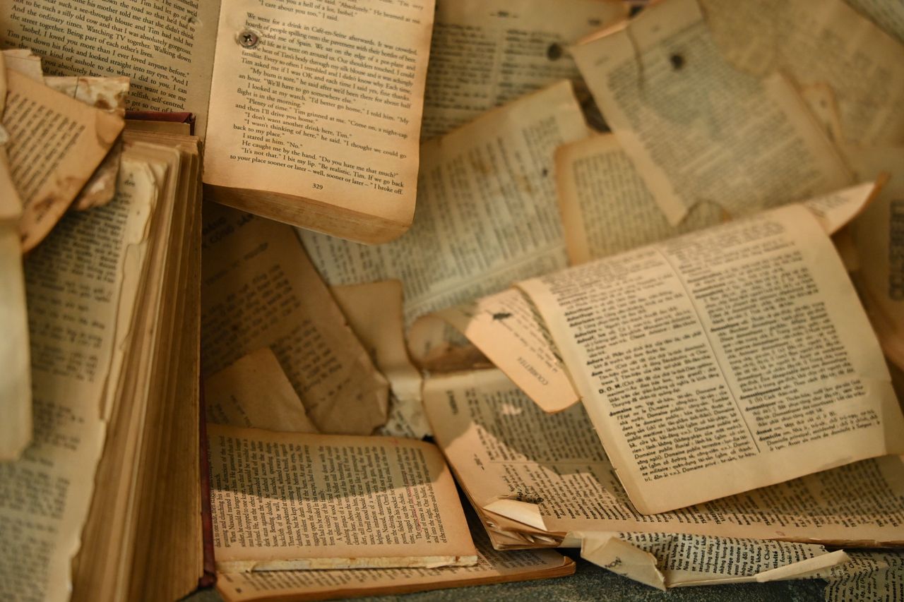 services-03 A collection of aged, open books with partially torn pages create a nostalgic atmosphere.